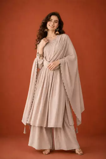 Embroidered Silk Straight Kurta Palazzo and Dupatta Set