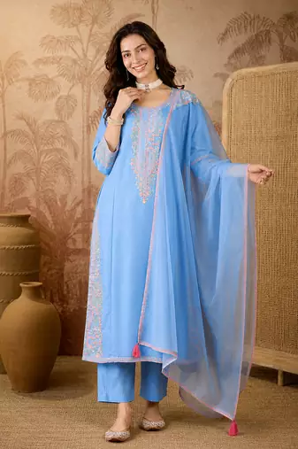 Embroidered Viscose Silk Straight Kurta Pant and Dupatta Set