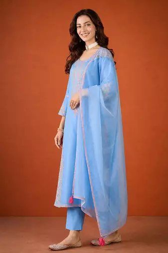 Embroidered Viscose Silk Straight Kurta Pant and Dupatta Set