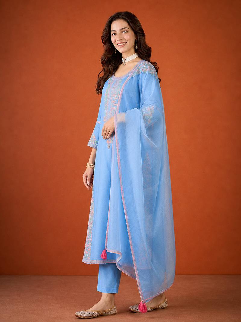 Embroidered Viscose Silk Straight Kurta Pant and Dupatta Set