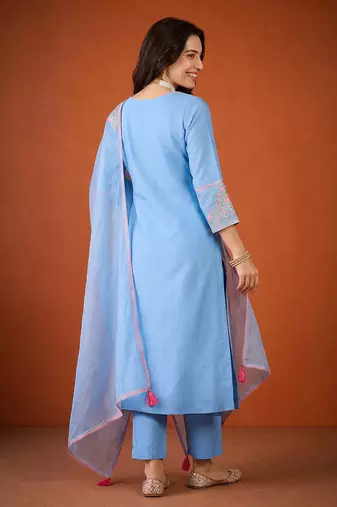 Embroidered Viscose Silk Straight Kurta Pant and Dupatta Set
