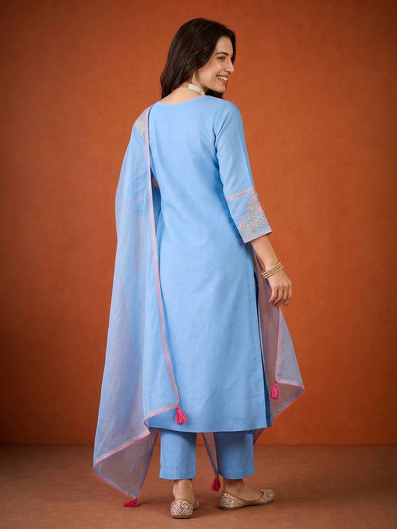 Embroidered Viscose Silk Straight Kurta Pant and Dupatta Set