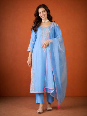 Embroidered Viscose Silk Straight Kurta Pant and Dupatta Set 5