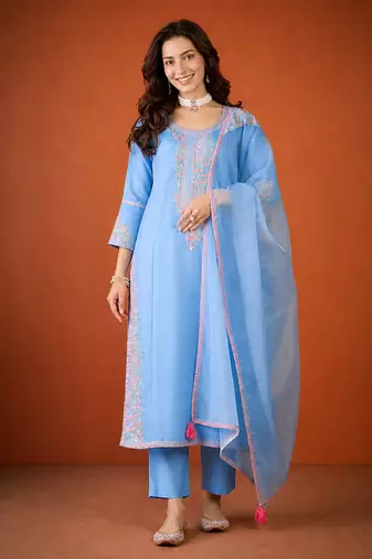 Embroidered Viscose Silk Straight Kurta Pant and Dupatta Set