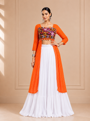 Orange Leheriya Print Kurti with Rayon Cotton Lehenga 1