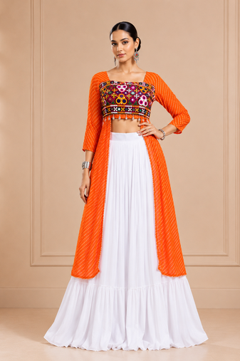 Orange Leheriya Print Kurti with Rayon Cotton Lehenga