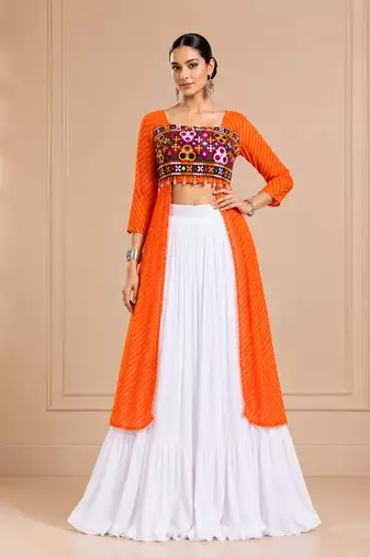 Orange Leheriya Print Kurti with Rayon Cotton Lehenga