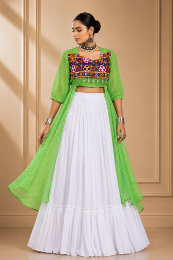 Green Leheriya Print Kurti with Rayon Cotton Lehenga