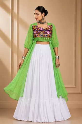 Green Leheriya Print Kurti with Rayon Cotton Lehenga