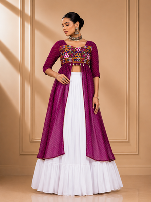 Wine Leheriya Print Kurti with Rayon Cotton Lehenga 1