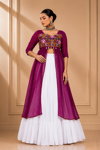 Wine Leheriya Print Kurti with Rayon Cotton Lehenga