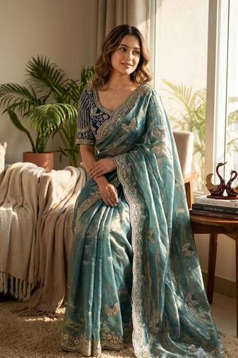 New Soft Frendy Satin Fabric Sequance Embroidery Work Saree With Blouse Set For Women's