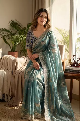 New Soft Frendy Satin Fabric Sequance Embroidery Work Saree With Blouse Set For Women's