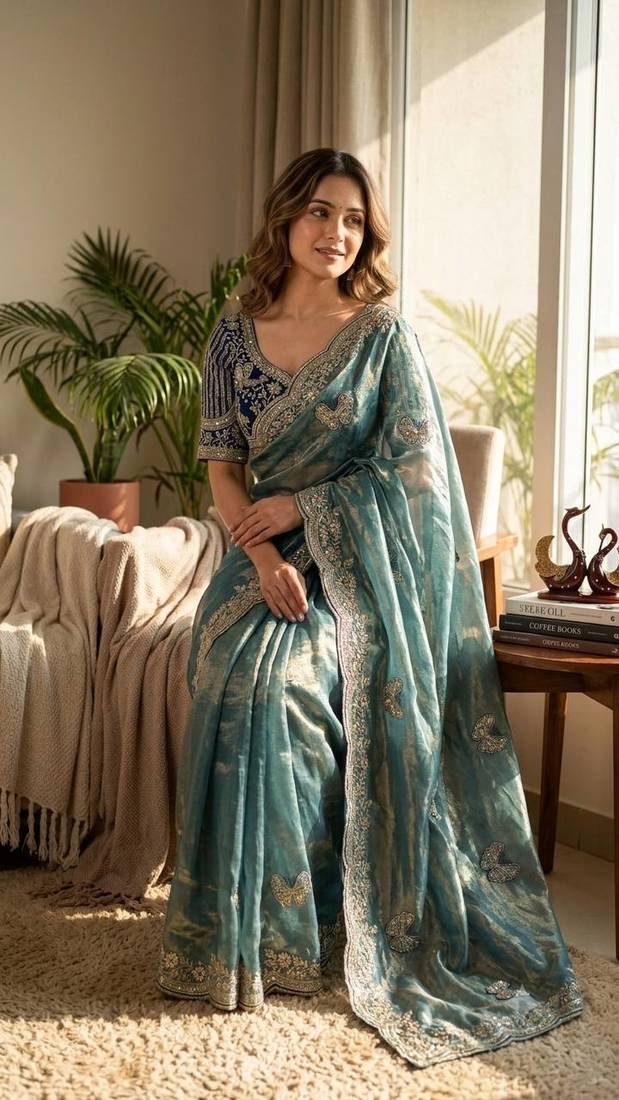 New Soft Frendy Satin Fabric Sequance Embroidery Work Saree With Blouse Set For Women's