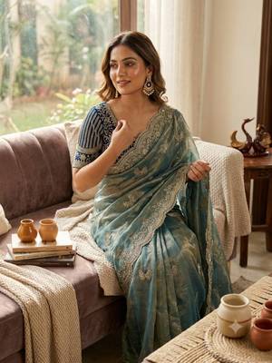 New Soft Frendy Satin Fabric Sequance Embroidery Work Saree With Blouse Set For Women's 2