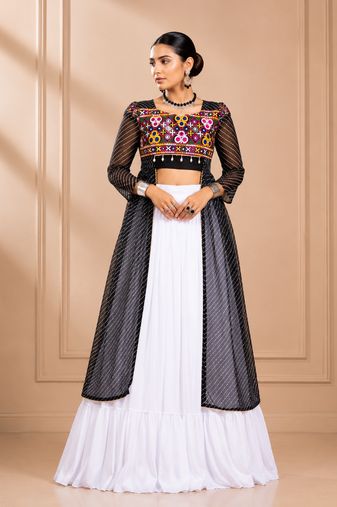 Black Leheriya Print Kurti with Rayon Cotton Lehenga