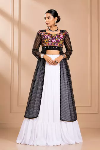 Black Leheriya Print Kurti with Rayon Cotton Lehenga