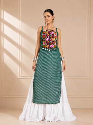 Teal Green Leheriya Print Kurti with Rayon Cotton Lehenga 1