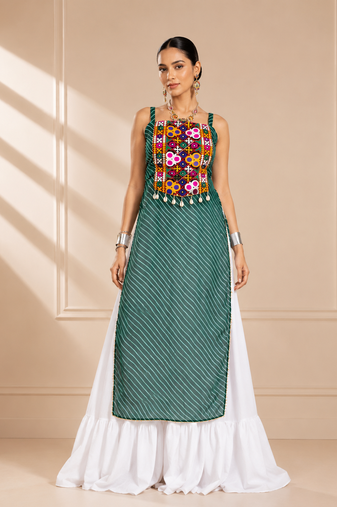 Teal Green Leheriya Print Kurti with Rayon Cotton Lehenga