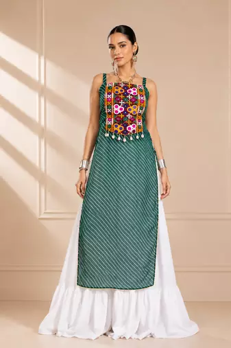 Teal Green Leheriya Print Kurti with Rayon Cotton Lehenga