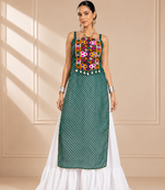 Teal Green Leheriya Print Kurti with Rayon Cotton Lehenga