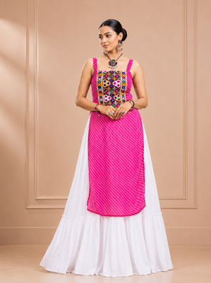Pink Leheriya Print Kurti with Rayon Cotton Lehenga 1