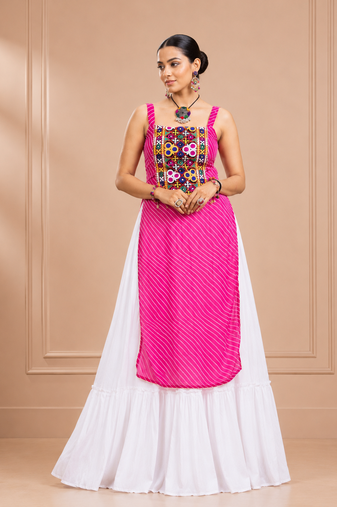 Pink Leheriya Print Kurti with Rayon Cotton Lehenga