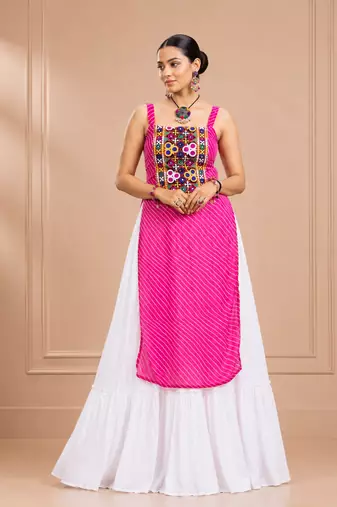 Pink Leheriya Print Kurti with Rayon Cotton Lehenga