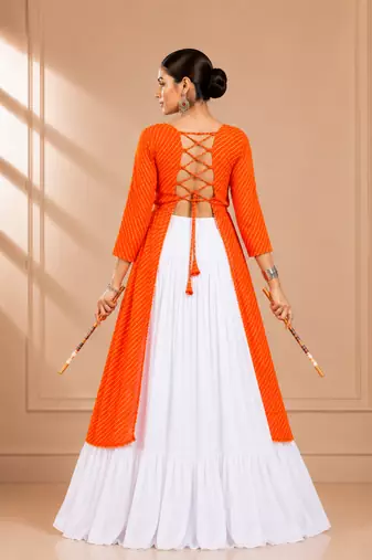 Orange Leheriya Print Kurti with Rayon Cotton Lehenga