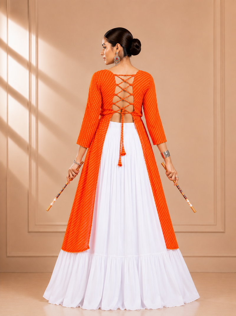Orange Leheriya Print Kurti with Rayon Cotton Lehenga