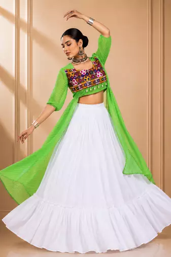 Green Leheriya Print Kurti with Rayon Cotton Lehenga