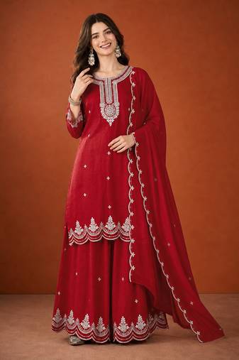 Embroidered Vichitra Silk Straight Kurta Sharara and Dupatta Set