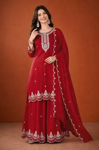 Embroidered Vichitra Silk Straight Kurta Sharara and Dupatta Set