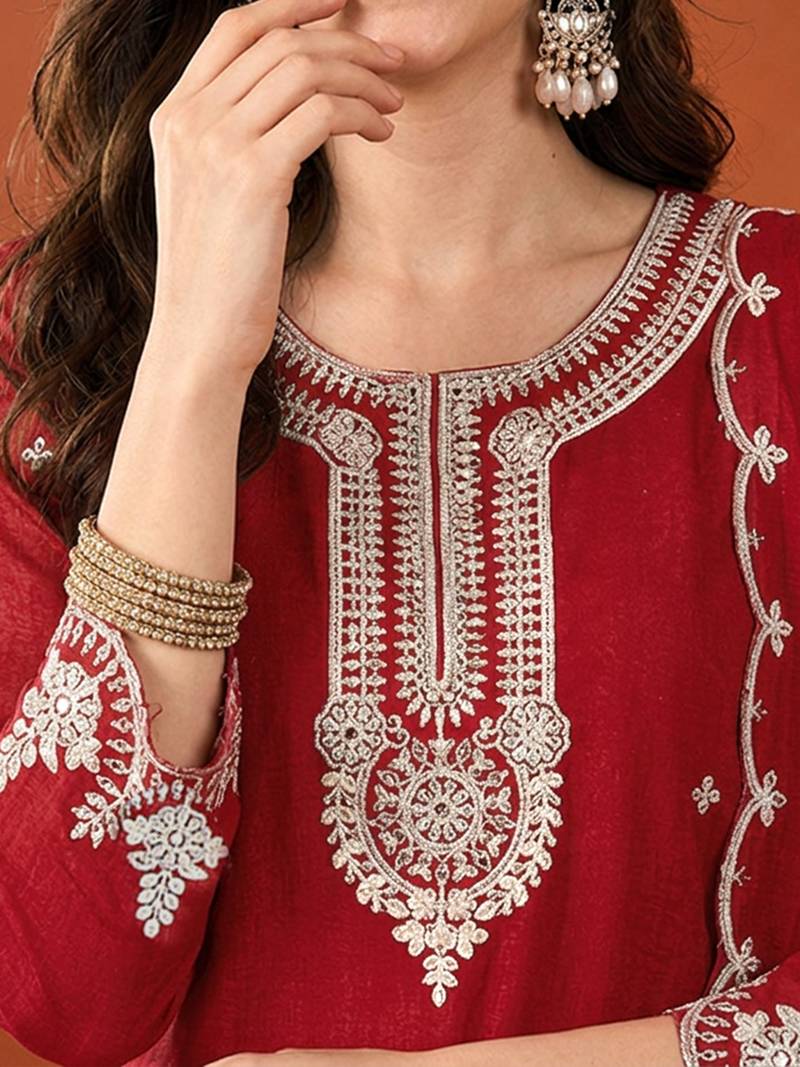 Embroidered Vichitra Silk Straight Kurta Sharara and Dupatta Set