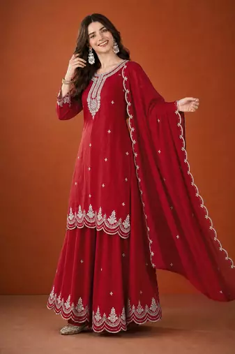 Embroidered Vichitra Silk Straight Kurta Sharara and Dupatta Set