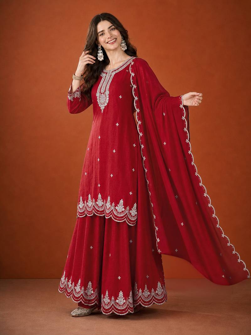 Embroidered Vichitra Silk Straight Kurta Sharara and Dupatta Set