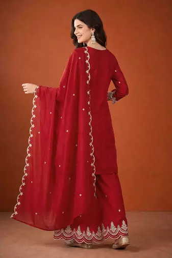 Embroidered Vichitra Silk Straight Kurta Sharara and Dupatta Set
