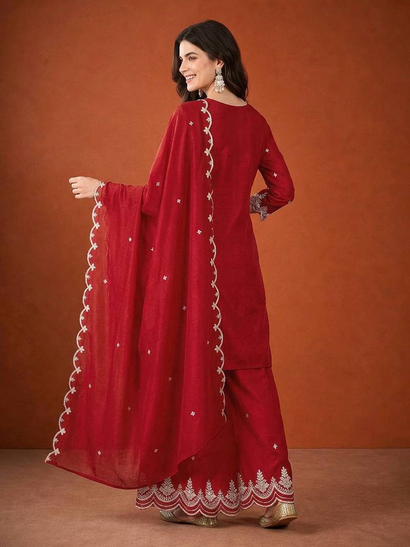 Embroidered Vichitra Silk Straight Kurta Sharara and Dupatta Set