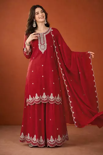 Embroidered Vichitra Silk Straight Kurta Sharara and Dupatta Set