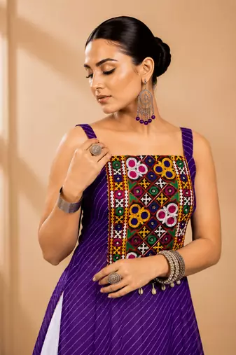 Purple Leheriya Print Kurti with Rayon Cotton Lehenga