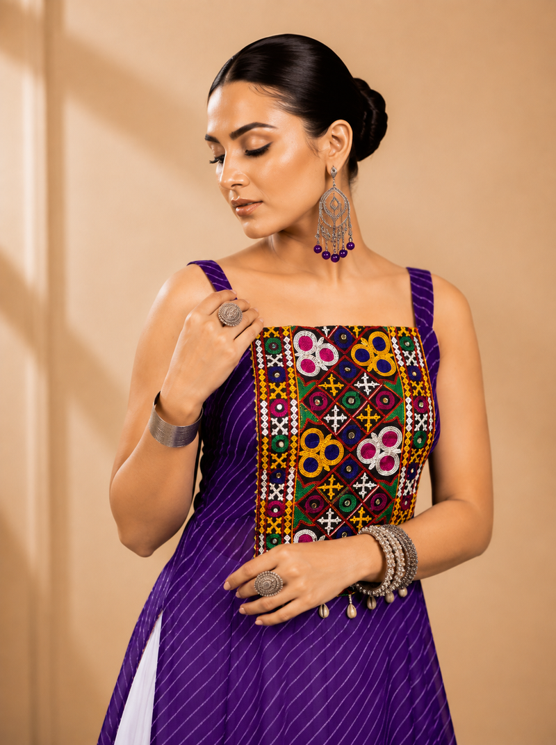 Purple Leheriya Print Kurti with Rayon Cotton Lehenga