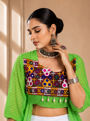Green Leheriya Print Kurti with Rayon Cotton Lehenga 3