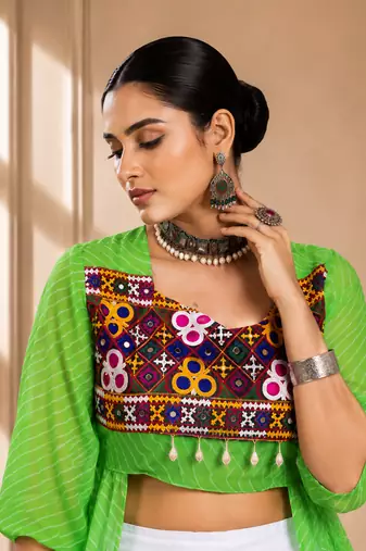 Green Leheriya Print Kurti with Rayon Cotton Lehenga