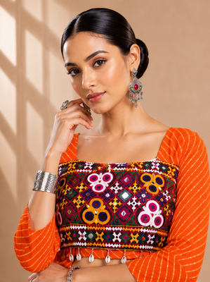 Orange Leheriya Print Kurti with Rayon Cotton Lehenga 3