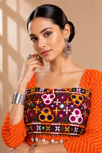 Orange Leheriya Print Kurti with Rayon Cotton Lehenga