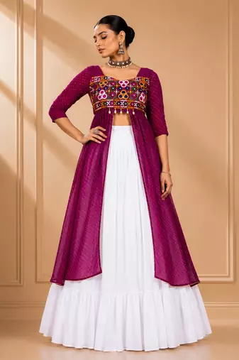 Wine Leheriya Print Kurti with Rayon Cotton Lehenga