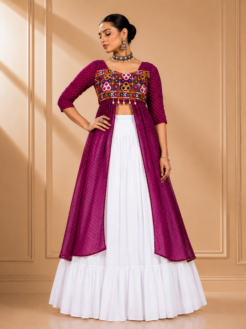 Wine Leheriya Print Kurti with Rayon Cotton Lehenga