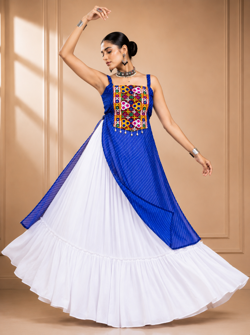 Blue Leheriya Print Kurti with Rayon Cotton Lehenga