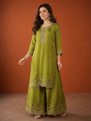 Embroidered Vichitra Silk Straight Kurta Sharara and Dupatta Set 1
