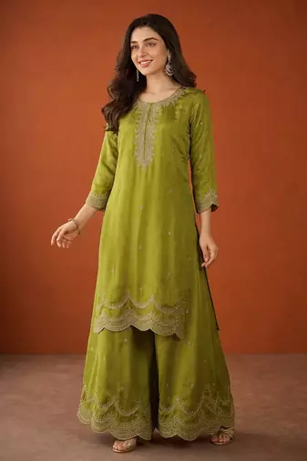 Embroidered Vichitra Silk Straight Kurta Sharara and Dupatta Set
